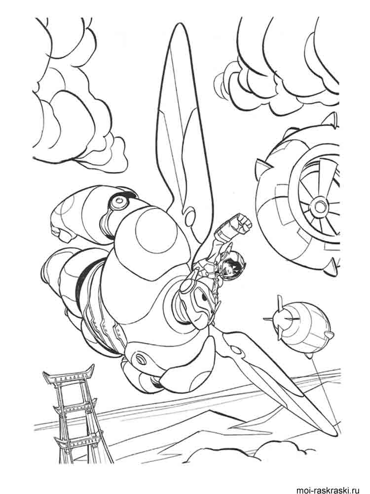 Hiro flies on Baymax coloring page