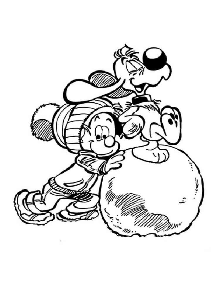Billy and Buddy roll a snowball coloring page