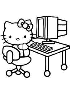 Kitty sits at the PC coloring page