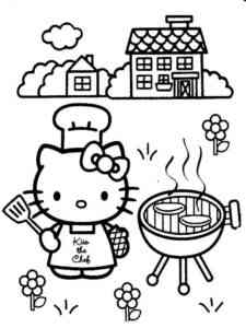 Kitty is cooking on the grill coloring page