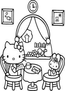Hello Kitty sitting at the table coloring page