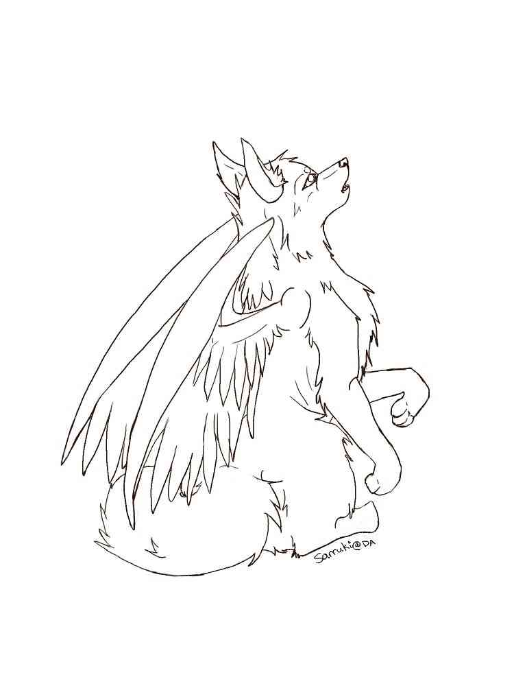 Beautiful Winged Anime Wolf coloring page