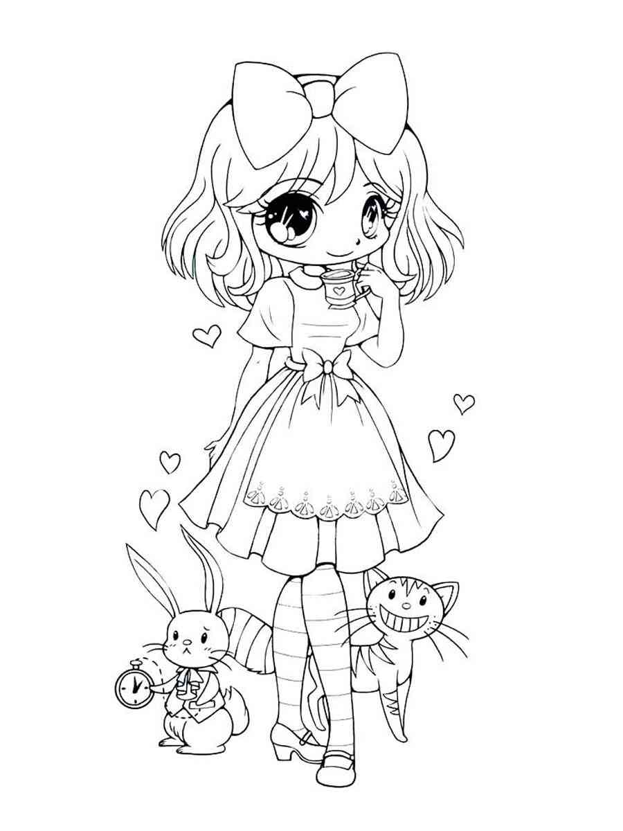 Anime Girl with pets coloring page
