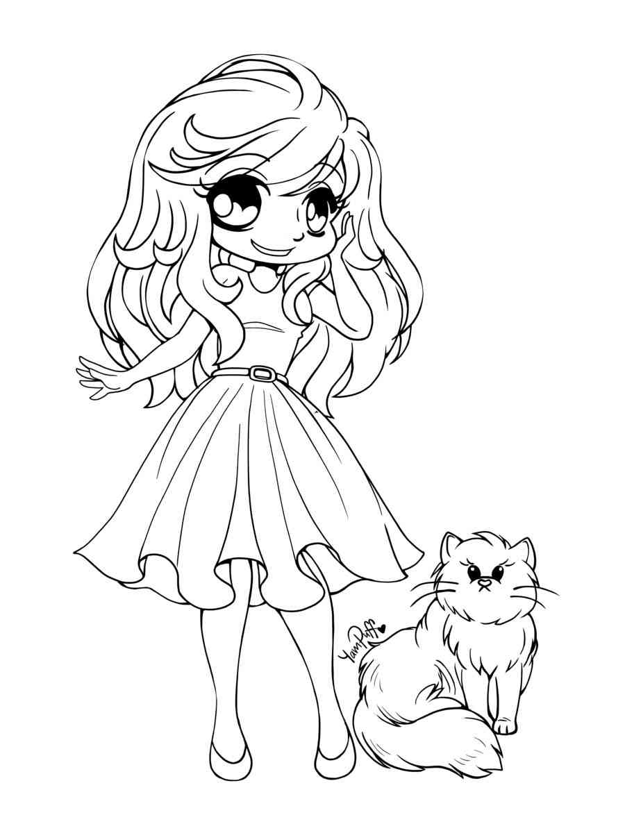 Anime Girl with cat coloring page