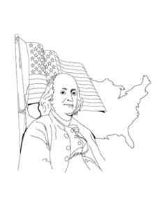 Benjamin Franklin with flag background coloring page