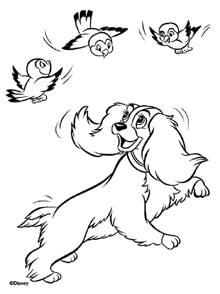 Lady plays with birds coloring page