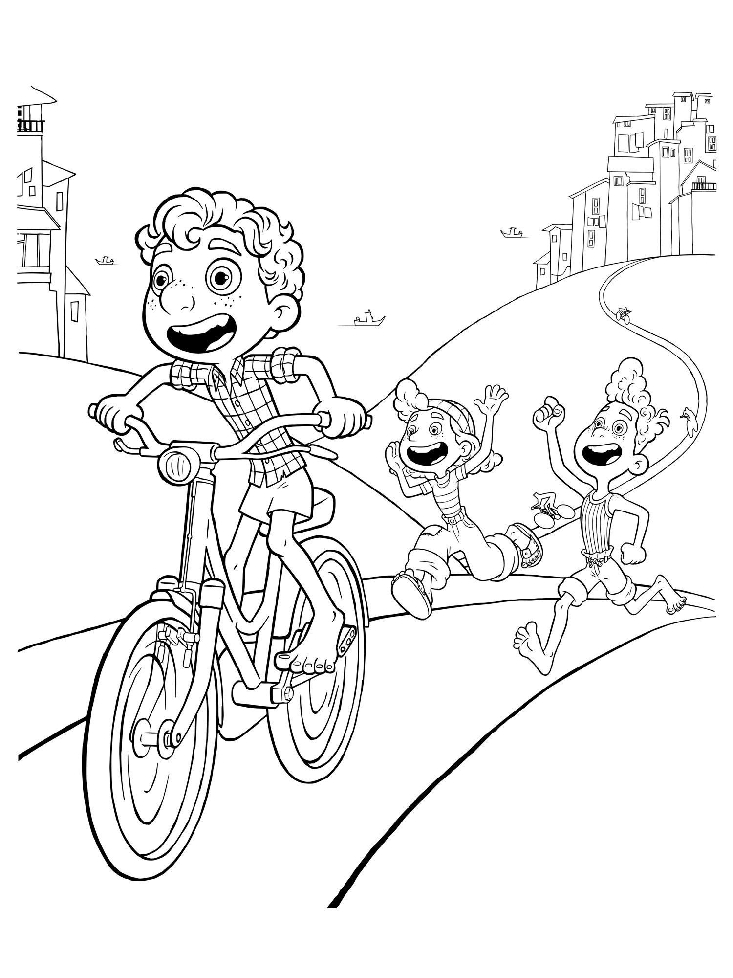Luca on a bike coloring page