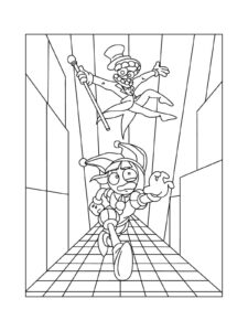 Pomni is running away from Caine coloring page