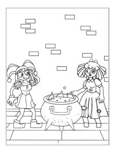 Ragatha and Pomni brew a potion coloring page
