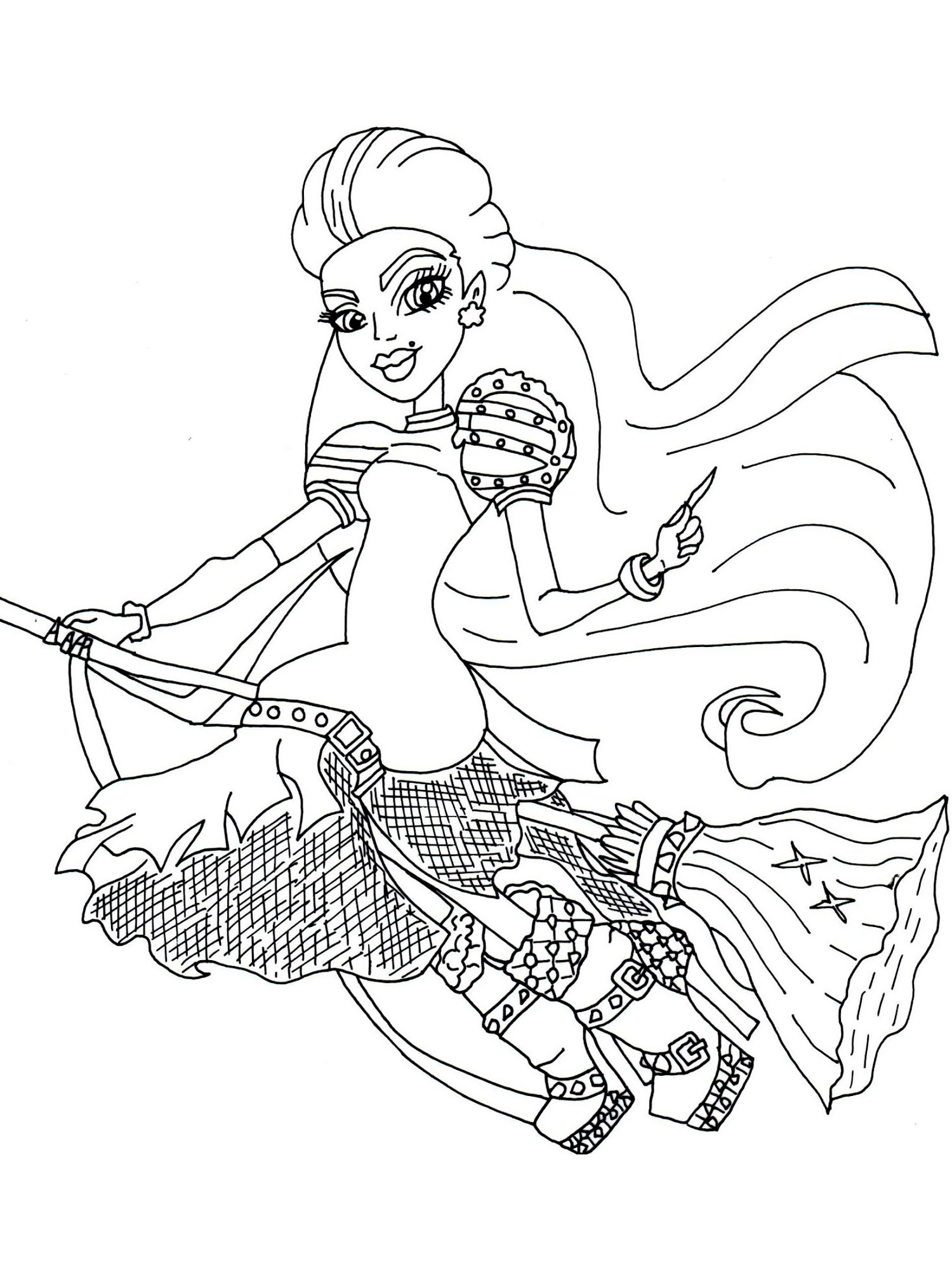 Catty Noir on a Broom coloring page