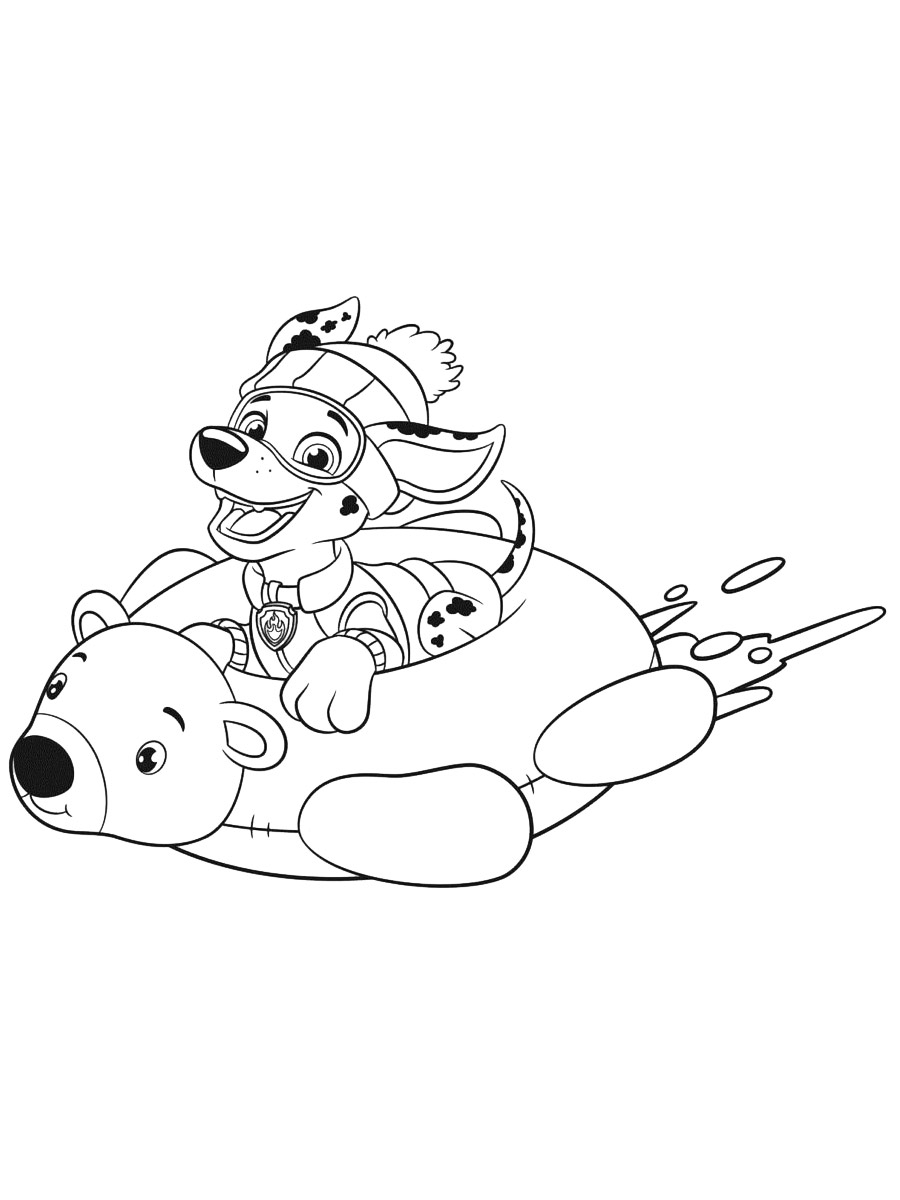 Marshall rides a rubber bear coloring page