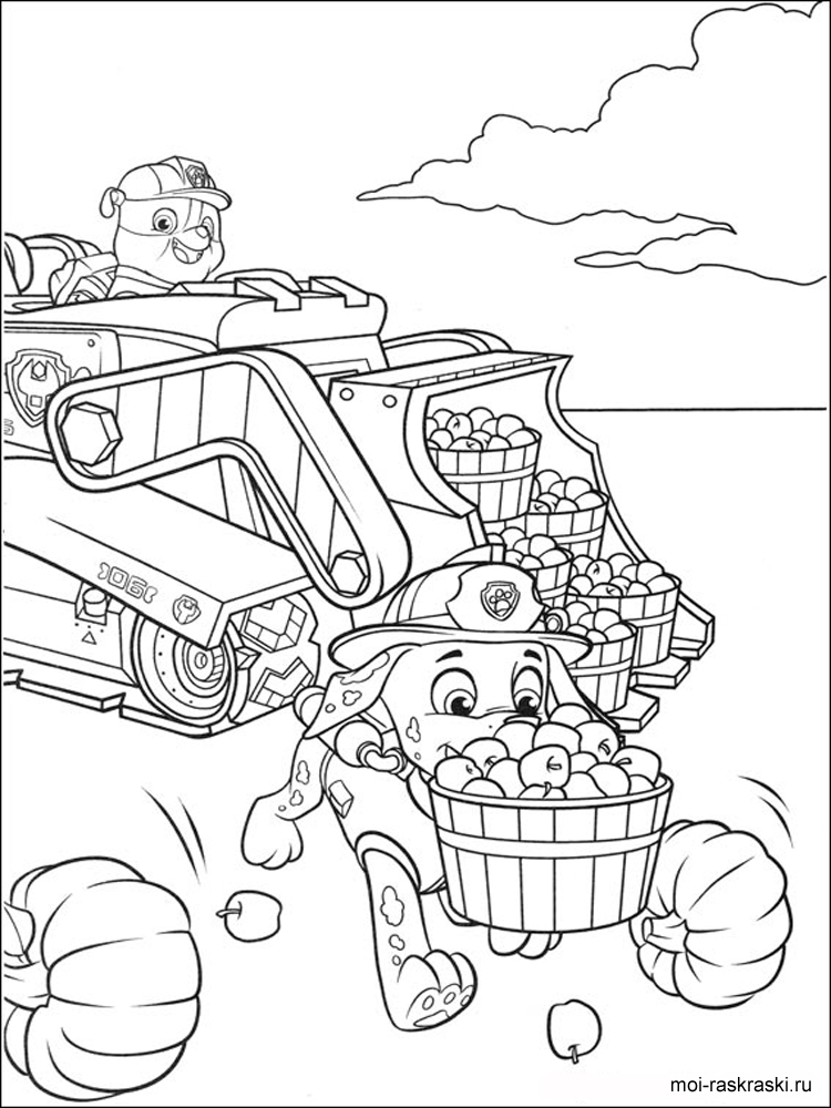Rubble and Marshall picking apples coloring page
