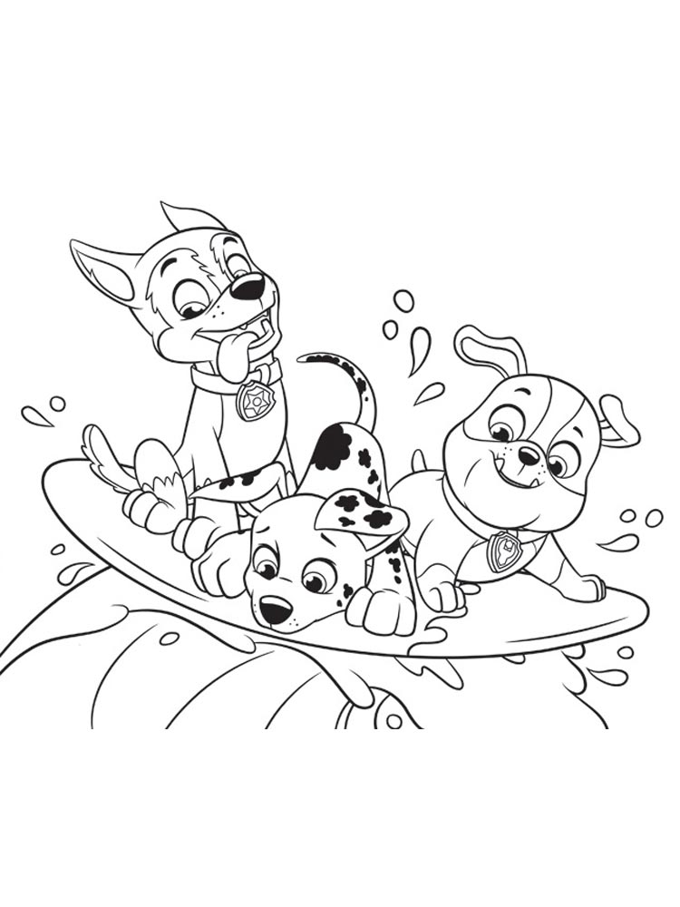 Marshall, Rubble and Chase in the surf coloring page