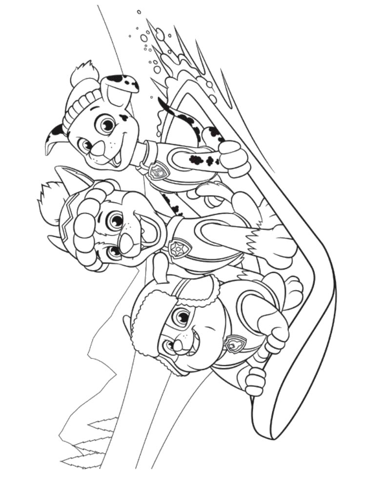 Rubble, Chase and Marshall go sledding coloring page