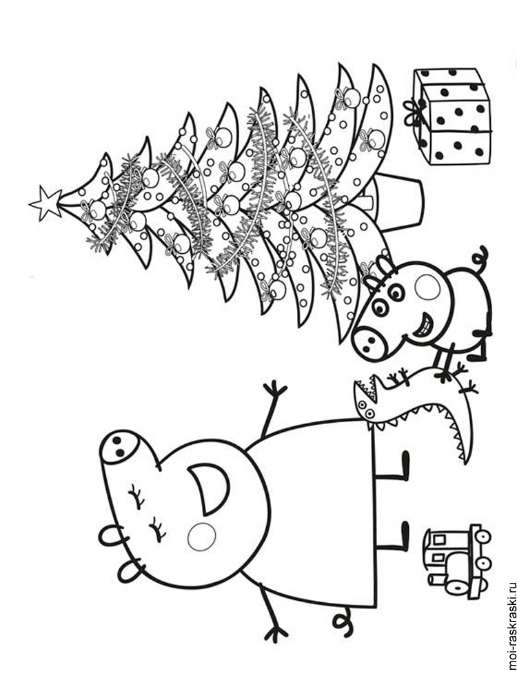 Mummy Pig and George at the Christmas tree coloring page