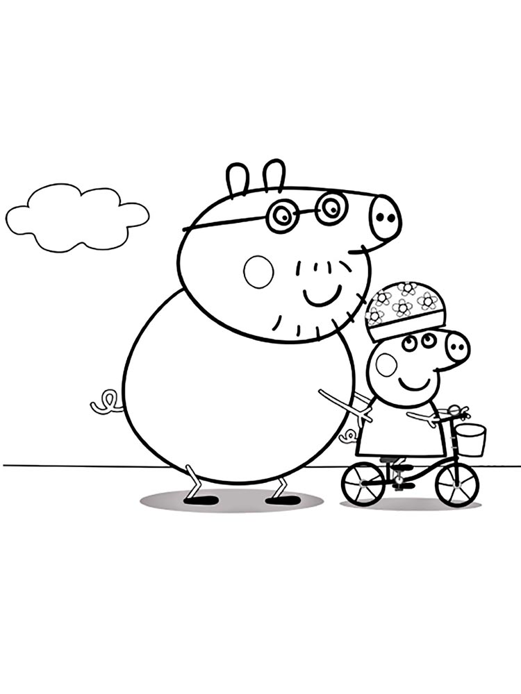 Daddy Pig teaches Peppa Pig to ride a bike coloring page