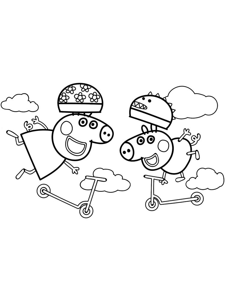 Peppa Pig and George on Scooters coloring page