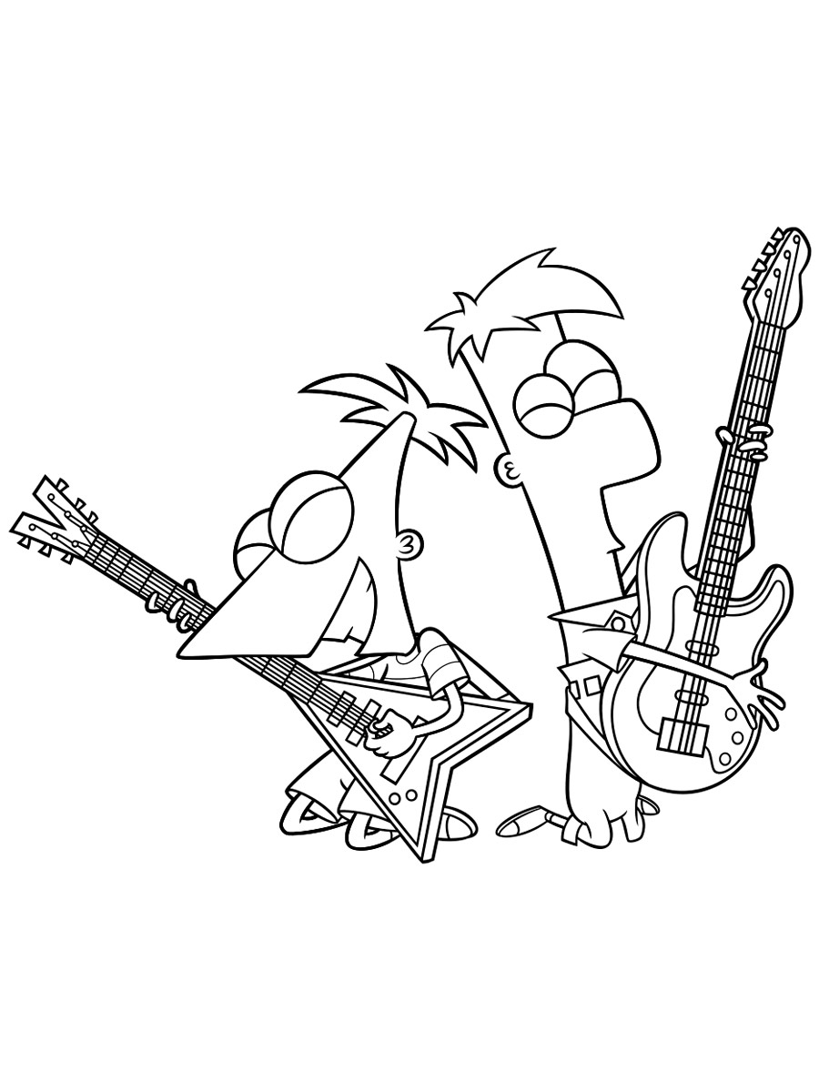 Phineas and Ferb with guitars coloring page