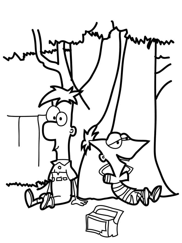 Phineas and Ferb are sitting by a tree coloring page