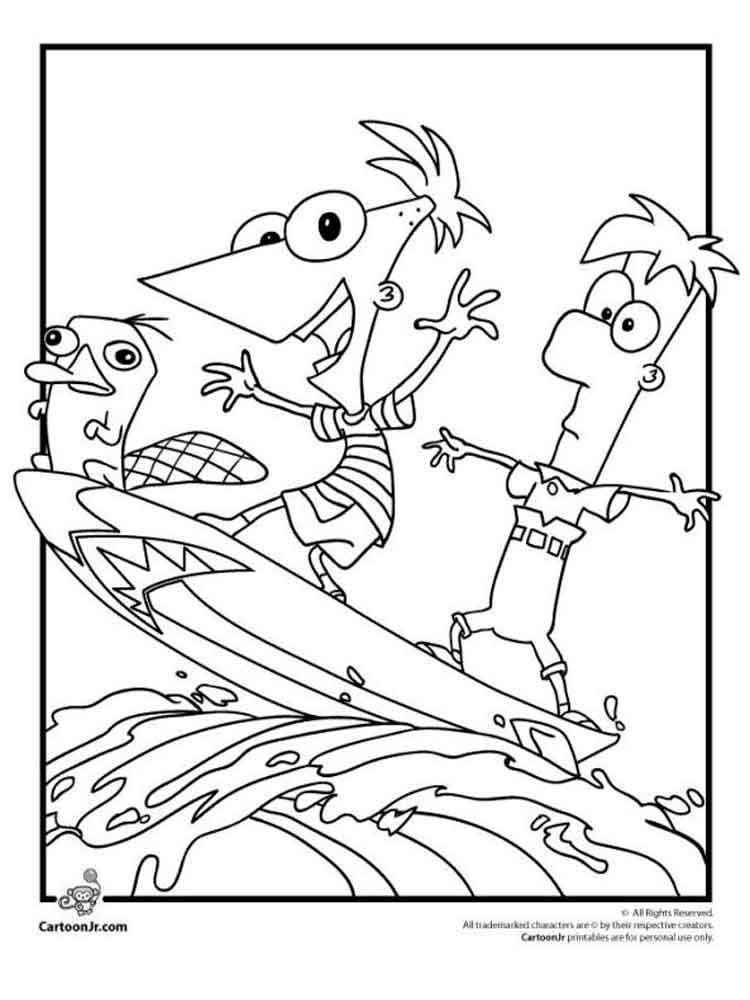 Ferb and Phineas surfing coloring page