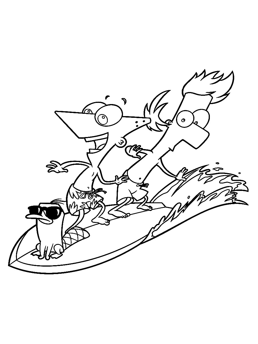 Phineas and Ferb surfing coloring page