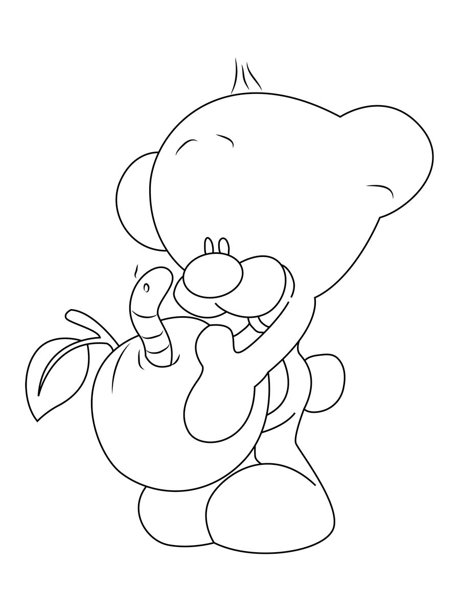 Pimboli holds an apple coloring page