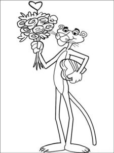 Pink Panther with a bouquet coloring page