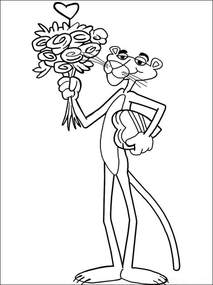 Pink Panther with a bouquet coloring page