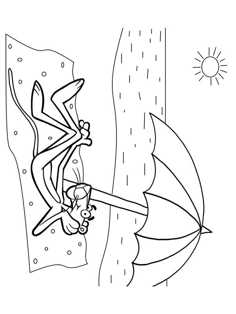 Pink Panther sunbathes on the beach coloring page
