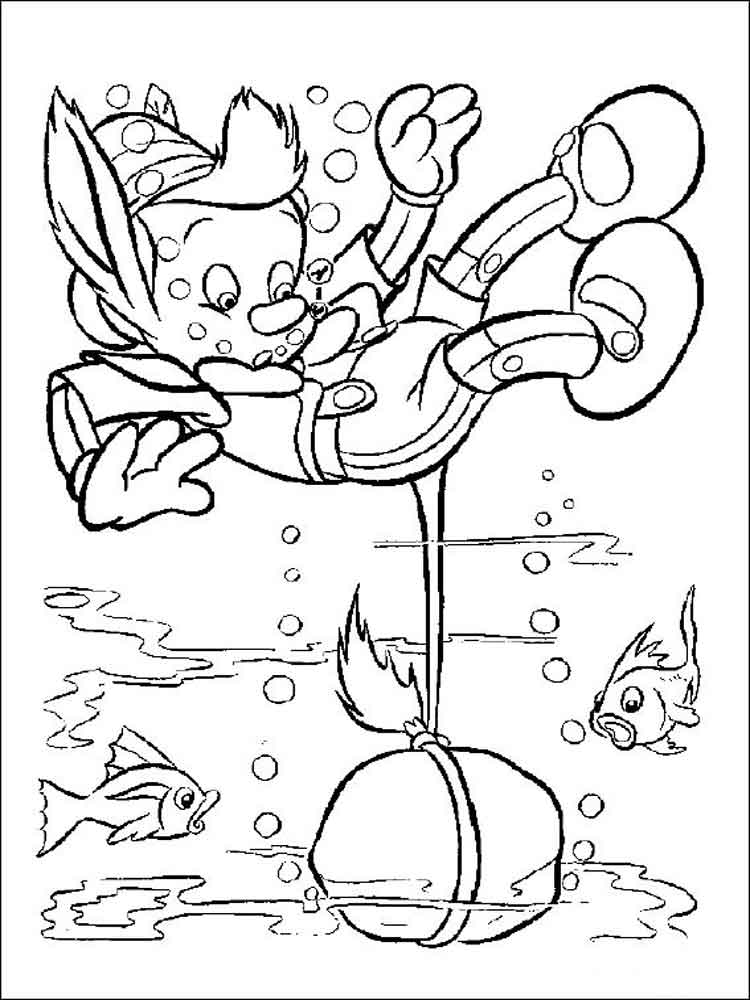 Pinocchio at the bottom of the river coloring page