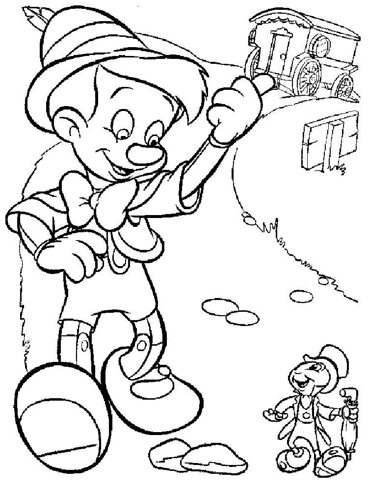 Pinocchio and Jiminy are walking coloring page