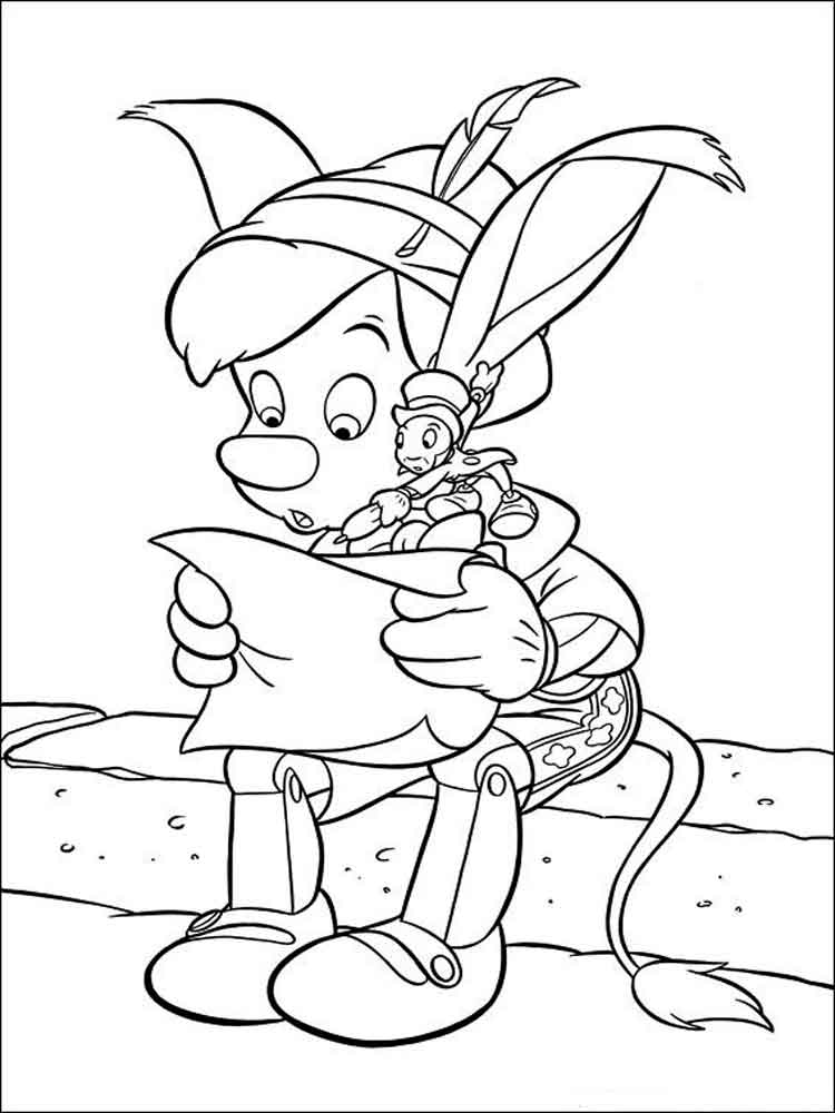 Pinocchio is reading coloring page