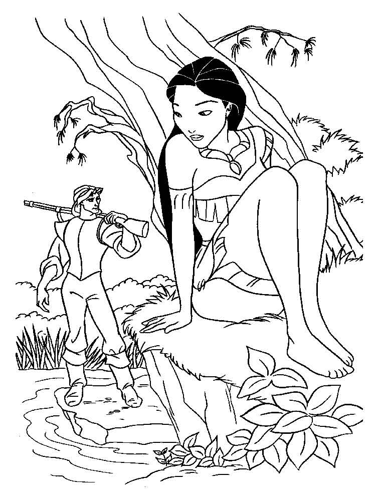Pocahontas hides from John coloring page