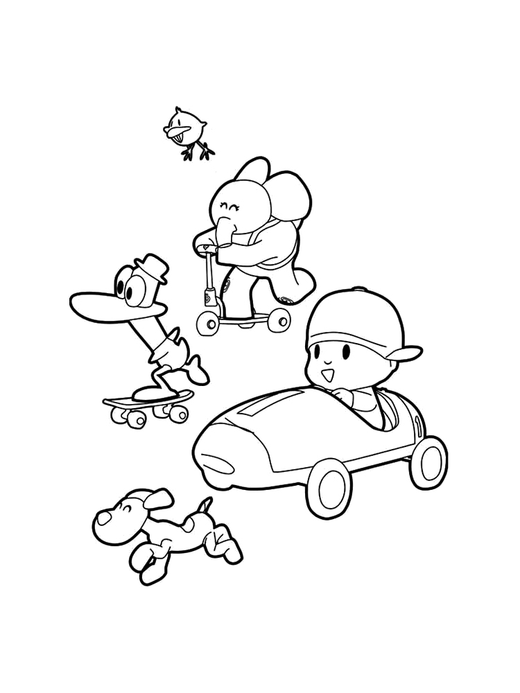 Pocoyo and his friends are riding coloring page