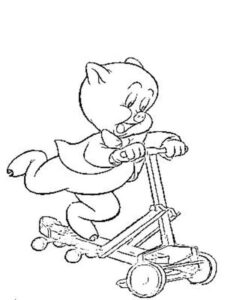 Porky Pig on a scooter coloring page