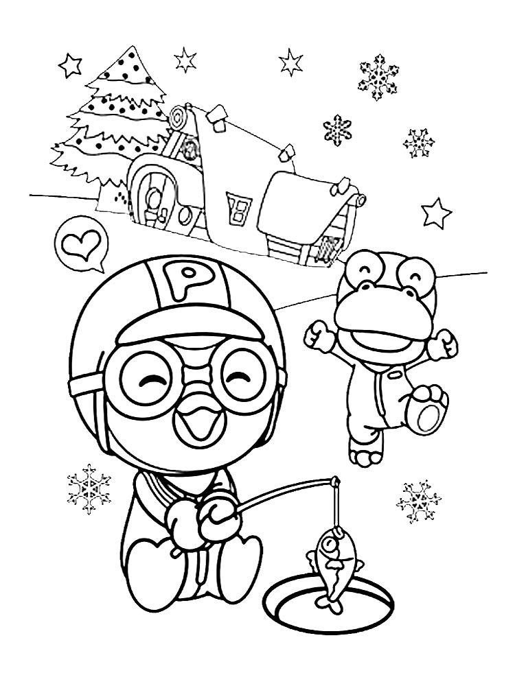 Pororo is fishing coloring page