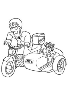 Postman Pat on a motorcycle coloring page
