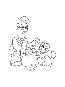 Postman Pat and Jess put the mail in a bag coloring page