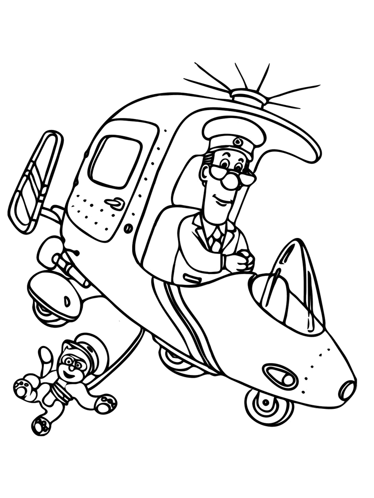 Postman Pat on a helicopter coloring page