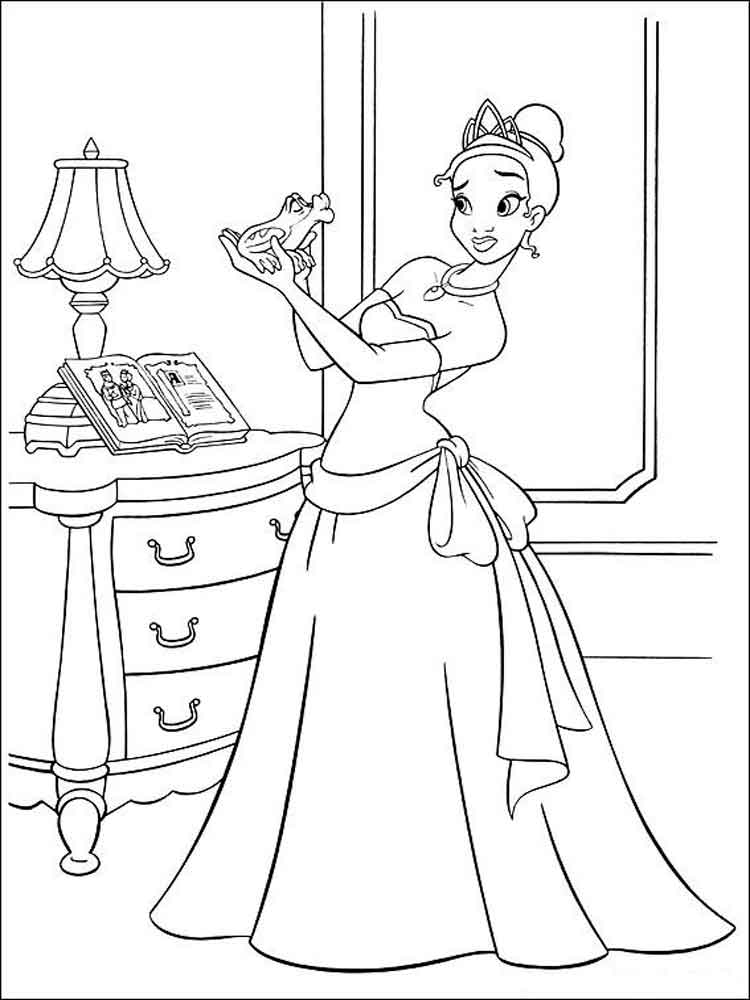 Princess Tiana holding a frog coloring page