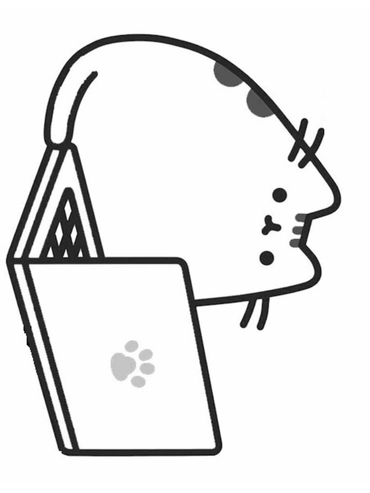 Pusheen with a laptop coloring page