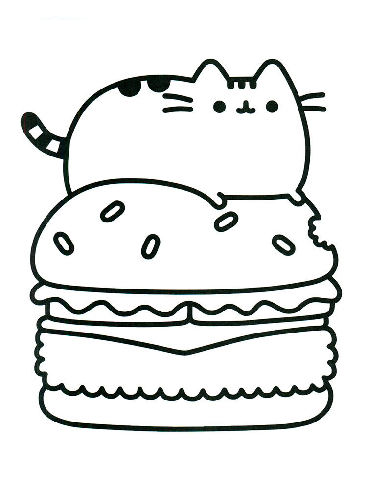 Pusheen on a burger coloring page