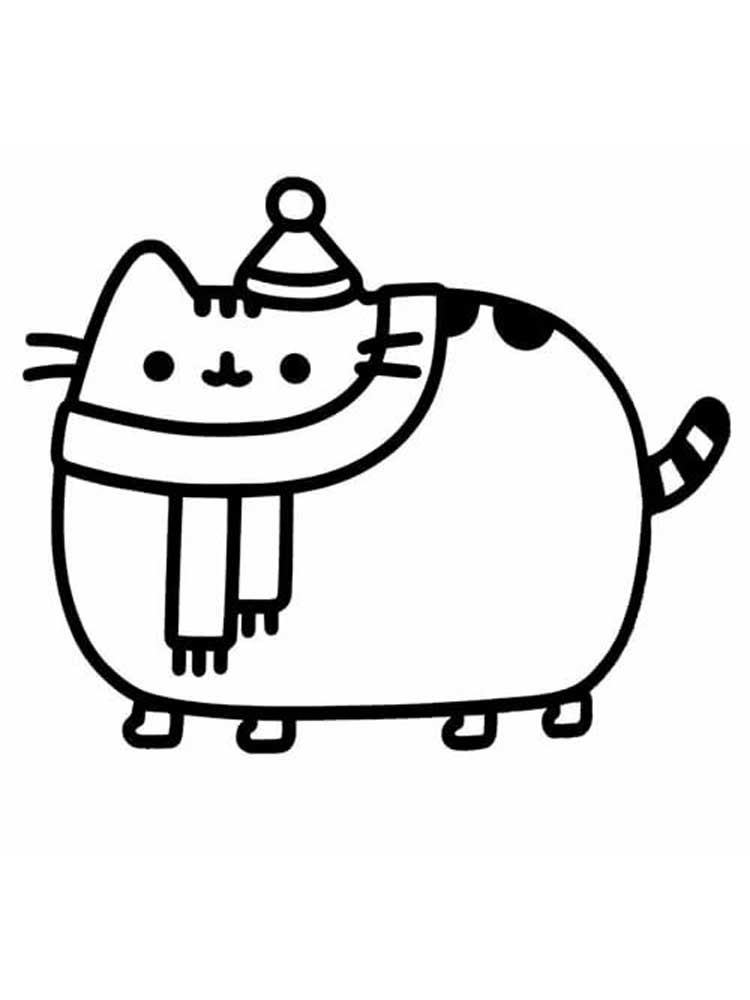 Pusheen in a hat and scarf coloring page