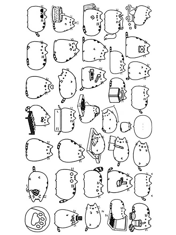 Pusheen in different poses coloring page