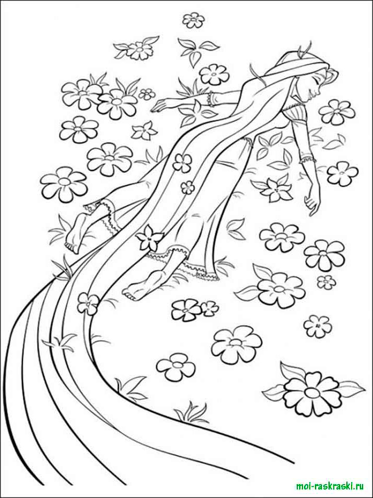 Rapunzel lies in flowers coloring page