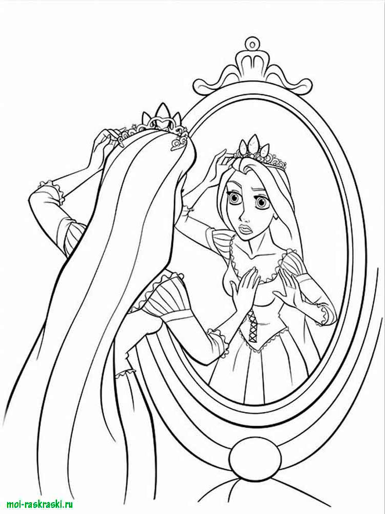 Rapunzel looks in the mirror coloring page