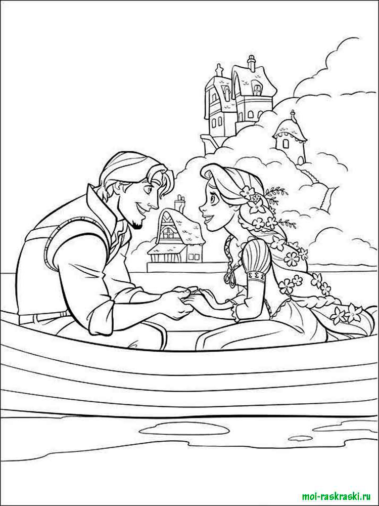 Rapunzel with Flynn Rider in a boat coloring page