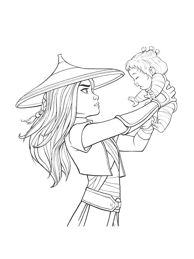 Raya holds the baby coloring page