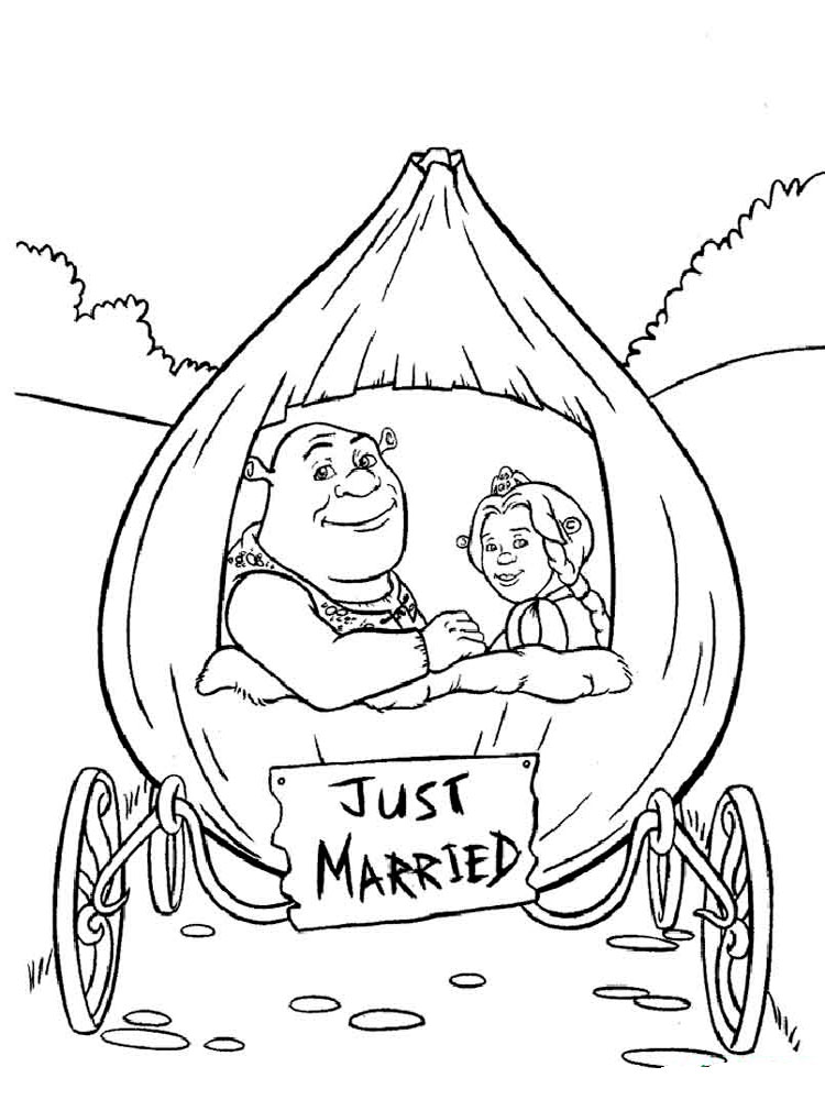 Shrek and Fiona in the carriage coloring page