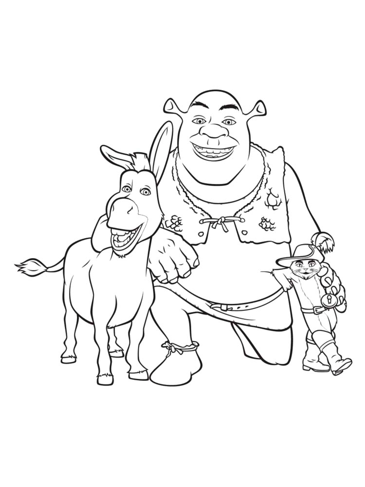 Donkey, Shrek and Puss in Boots coloring page